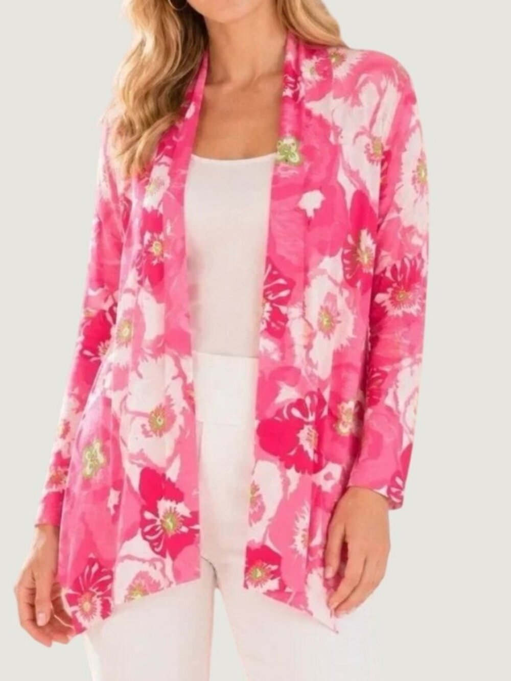 Lilly Pulitzer Floral Open Cardigan Size XS Pink White Cherry Begonia Cotton